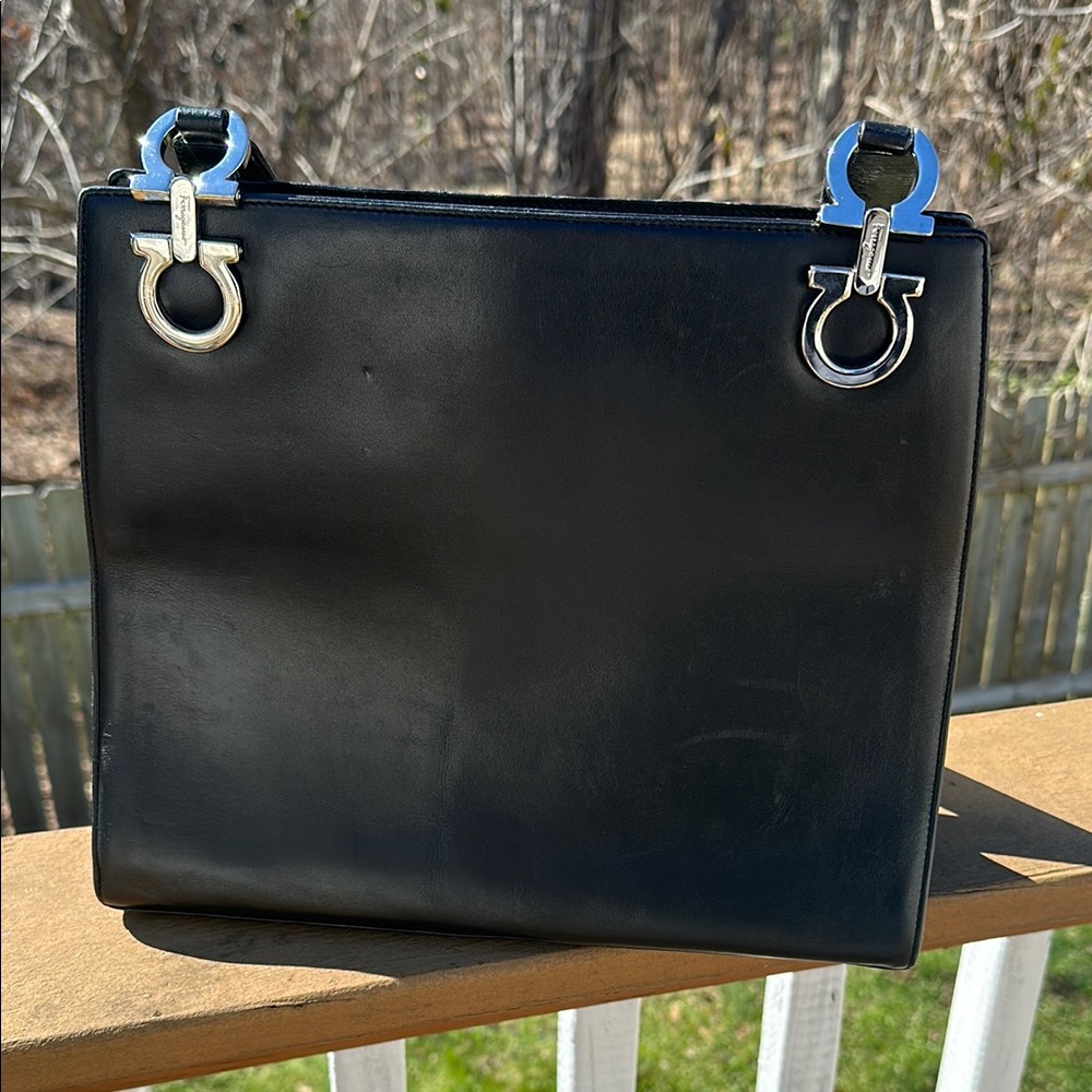 Ferragamo Black Leather Handbag with Silver Accents